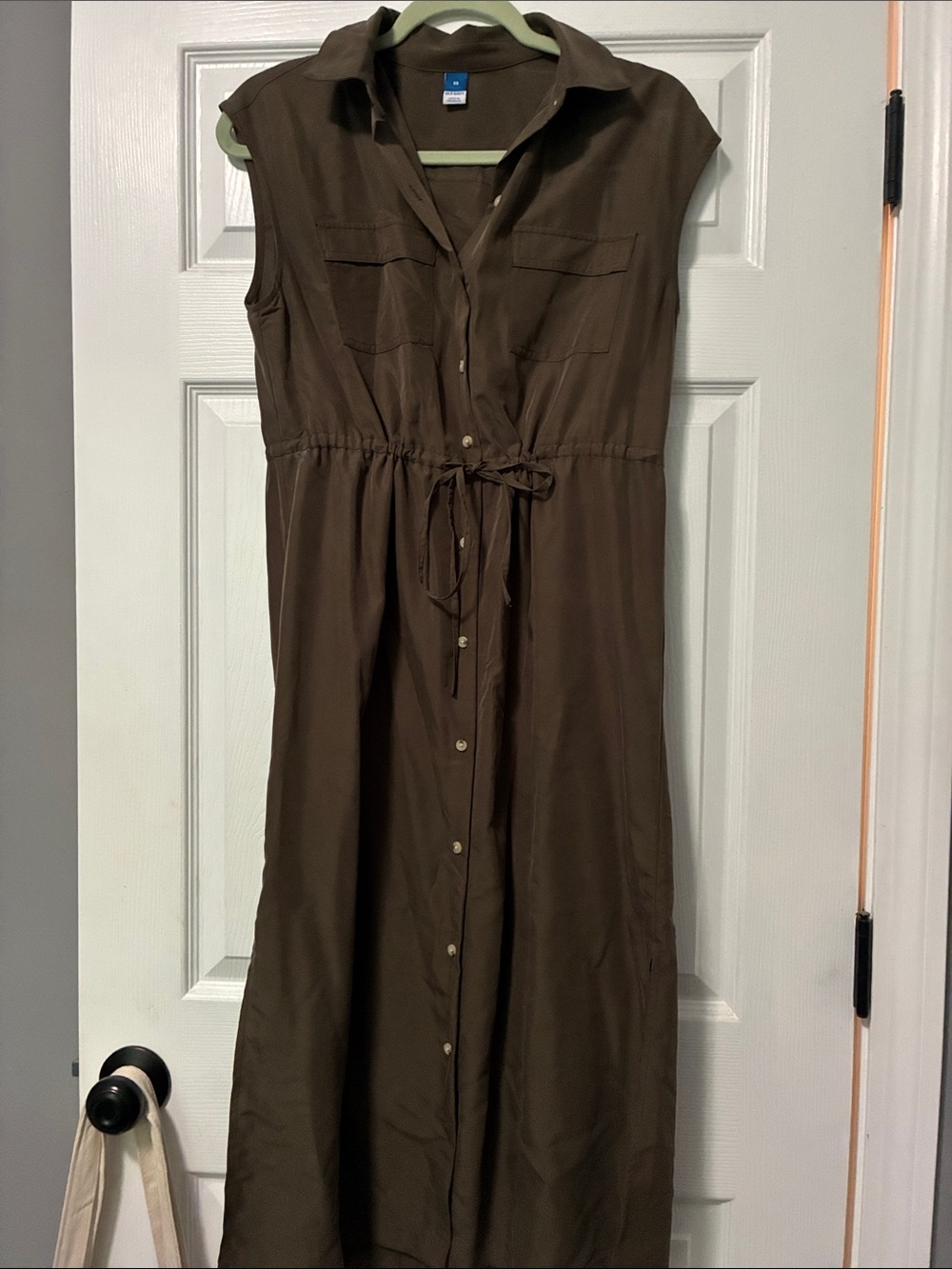 Sleeveless Olive Utility Shirt Dress with Tie Waist